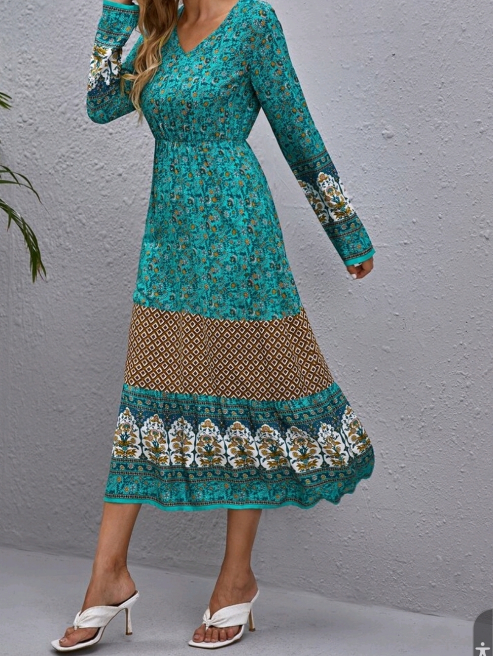 Modest Teal and Brown Floral Border Maxi Dress